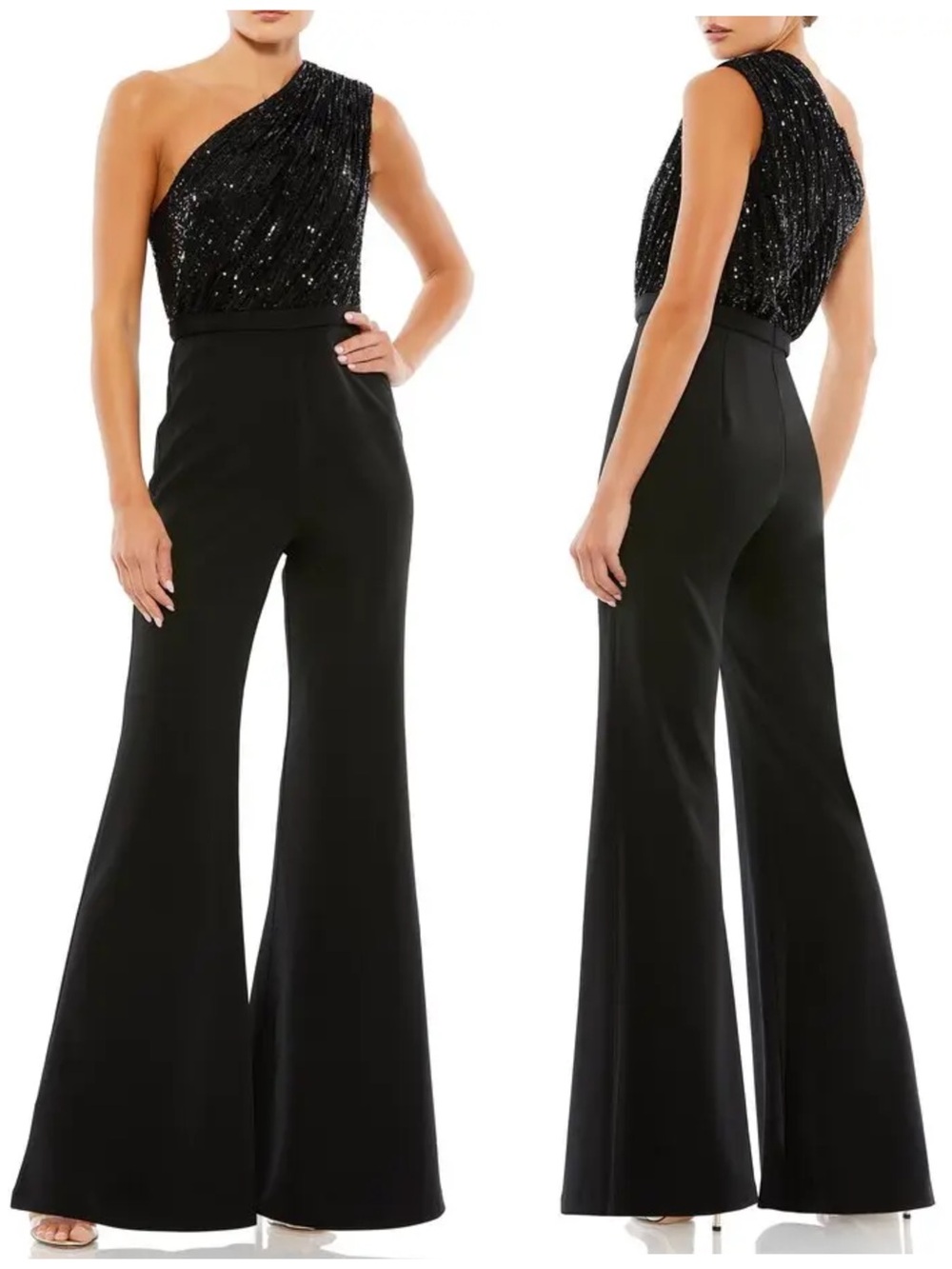 Mac Duggal Black One-Shoulder Sequin Bodice Flared-Leg Jumpsuit 26716 NWT $398